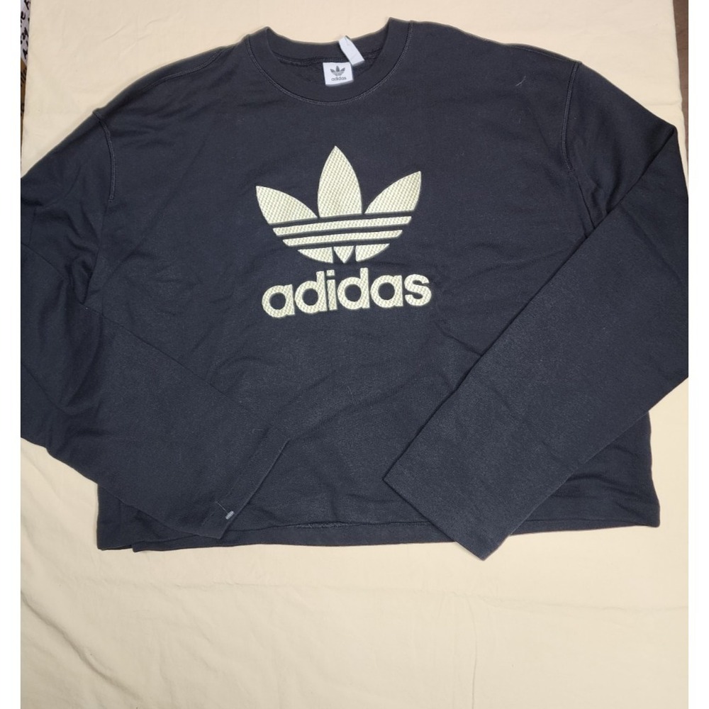 Adidas Sweater Women Medium Black Trefoil Velour Logo Crew Neck Pullover
